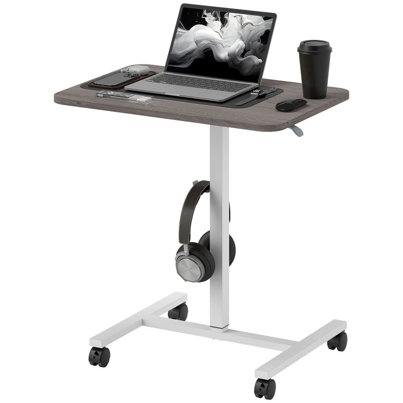 HOMCOM Height Adjustable Standing Desk, Pneumatic Sit Stand Desk for Laptop, Mobile Overbed Table with Wheels and Headphone Hook for Home Office