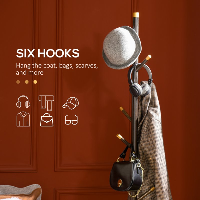 HOMCOM Coat Rack, Freestanding Coat Stand with 6 Hooks and Bamboo Frame for Entryway, Hallway, Bedroom, Living Room, Walnut