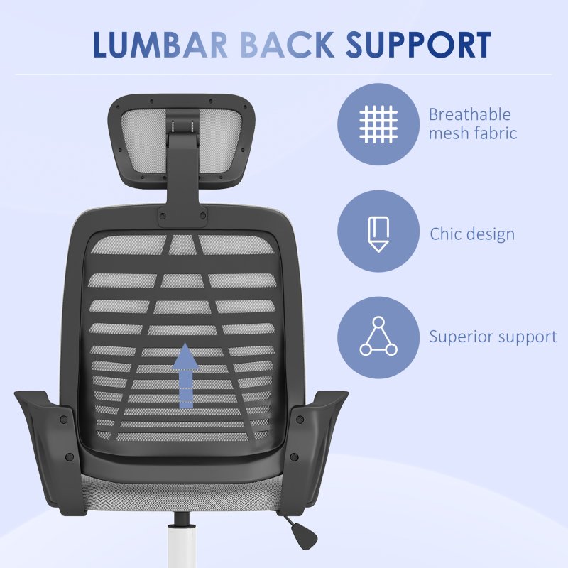 Vinsetto Mesh Office Chair, Ergonomic Computer Desk Chair with Adjustable Headrest, Lumbar Back Support, Armrest, Adjustable Height, Swivel Wheels, Grey