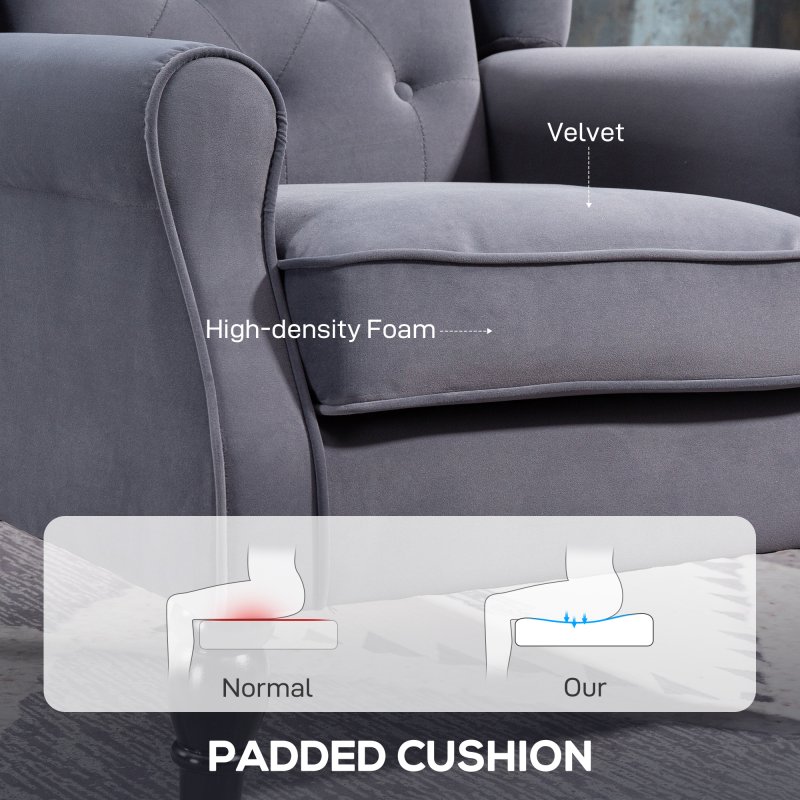 HOMCOM Retro Accent Chair, Velvet Wingback Armchair with Wood Frame Button Tufted Design for Living Room Bedroom, Charcoal Grey