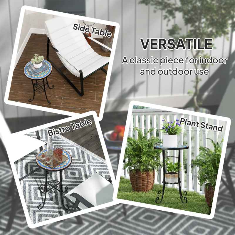 Outsunny Mosaic Garden Table, 35.5 cm Round Outdoor Table with Shelf, Ceramic Tile Top, Small Garden Side Table Bistro Table End Table Plant Stand for Indoor, Patio, Balcony, Blue