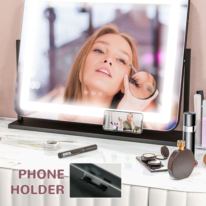 HOMCOM Vanity Mirror with Lights, 63x50 cm Lighted Makeup Mirror with 3 Colour Lighting Modes, 10X Magnifying, USB Charging Port, Phone Holder, 360 Degree Rotation, Touch Screen, for Dressing Table