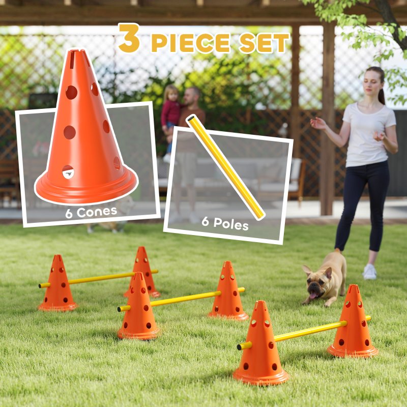 PawHut Dog Agility Set, Portable Pet Jump Training Equipment Kit for Six Cones, Six Poles with Carry Bag, Three-Piece Adjustable Height Jumping Obstacles, Orange