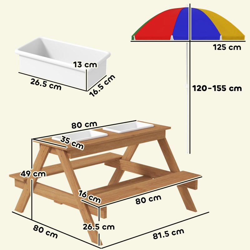 AIYAPLAY Kids Picnic Table, Sand and Water Table with Wooden Benches, Adjustable Parasol and Storage Bins, Outdoor Garden Furniture for Children 3-6 Years, Multicolour