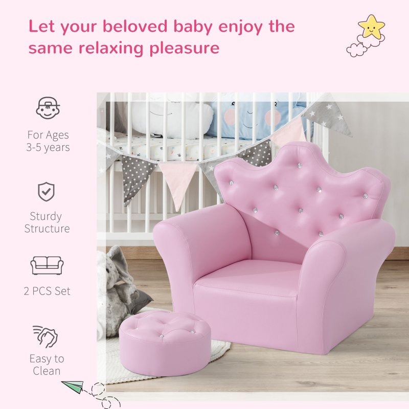HOMCOM Kids Armchair Toddler Chair Sofa Set with Free Footstool Pink
