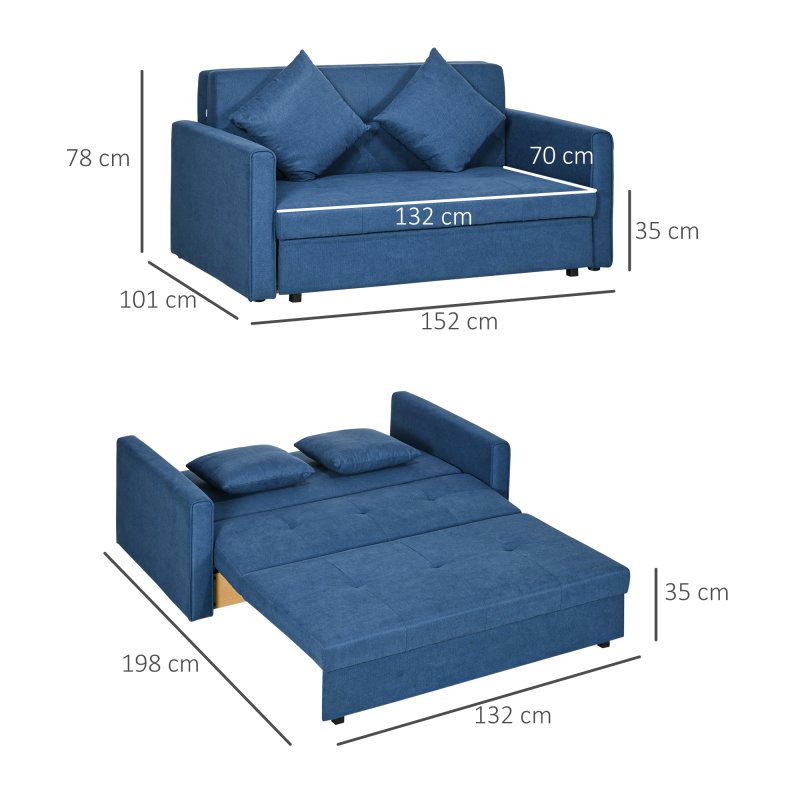 HOMCOM 2 Seater Sofa Bed, Convertible Bed Settee, Modern Cotton Loveseat Sofa Couch with 2 Cushions, Hidden Storage for Living Room, Guest Room, Deep Blue