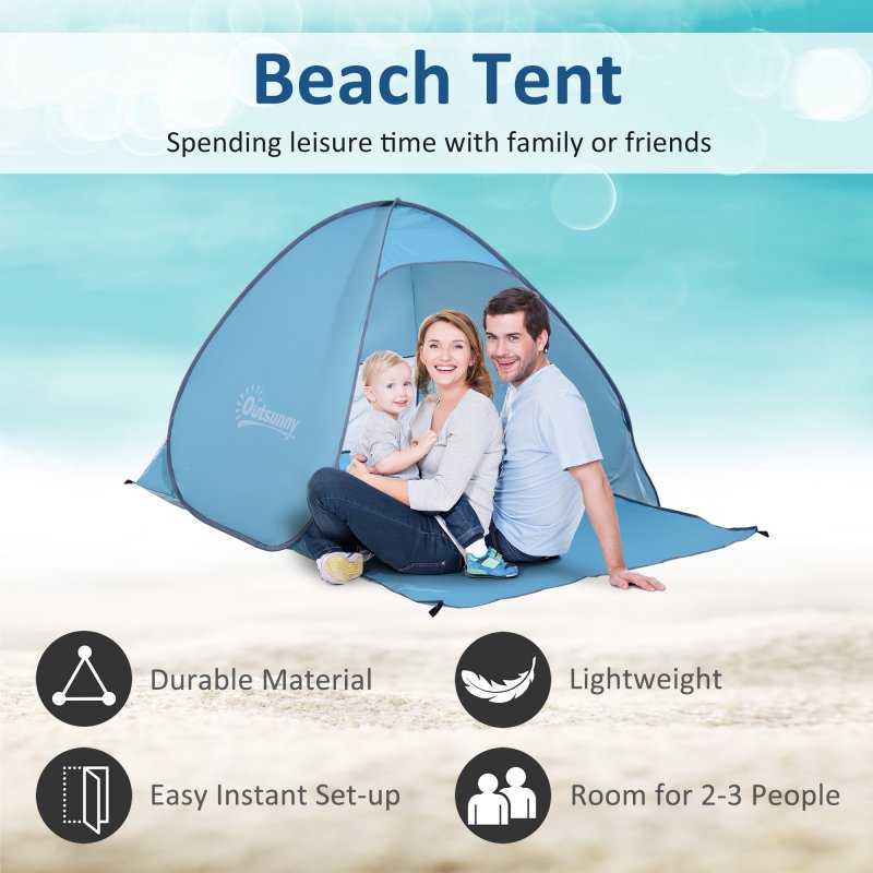 Outsunny Pop up Beach Tent, UV 30+ Portable Sun Shelter with Carry Bag, 2x1.5m for 2-3 Person, Blue