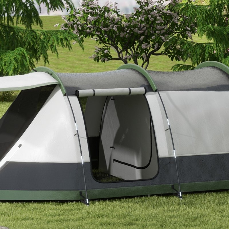 Outsunny 3-4 Man Camping Tent, Tunnel Tent with Bedroom, Living Room and Porch, 2000mm Waterproof, Portable with Bag, for Fishing Hiking Festival, Green