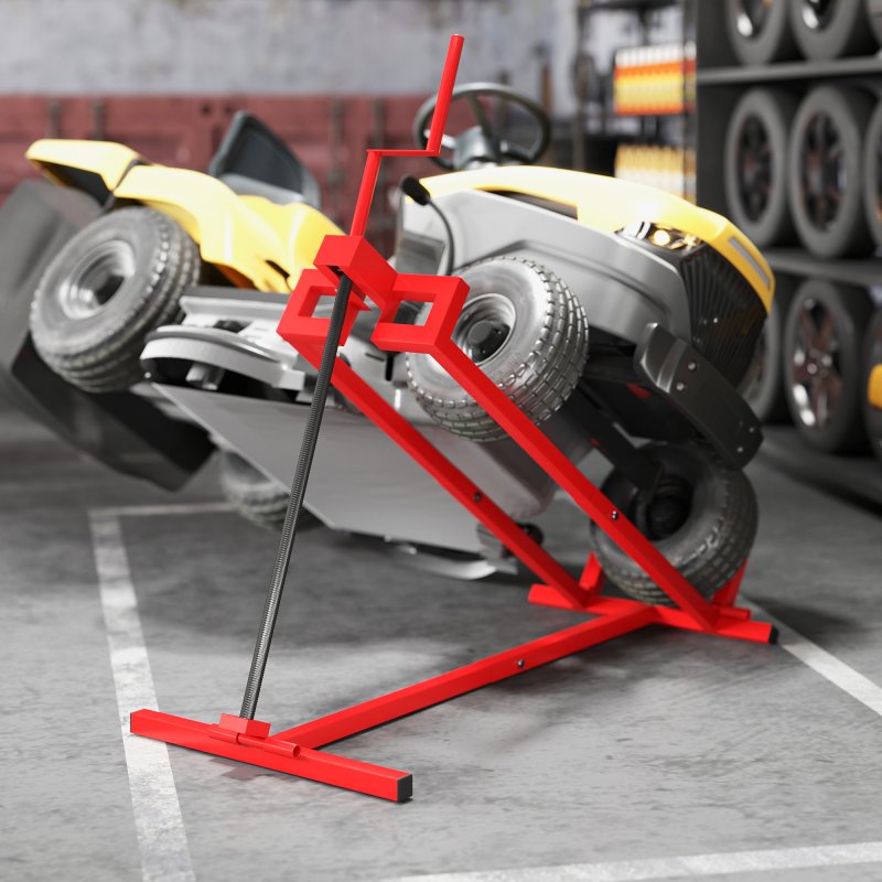 HOMCOM Folding Ride On Lawn Mower Jack Lift, 400 kg Adjustable Steel Lifting Device, Telescopic Maintenance Jack Lifter for Lawnmowers, ATVs, Red