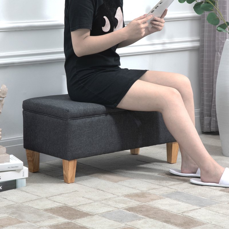 HOMCOM Linen Storage Ottoman Padded Footstool with Rubberwood Legs for Storage Box, Bed End, Shoe Bench, Seating