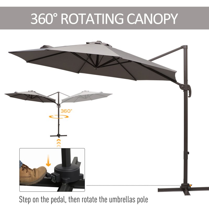 Outsunny 3M Cantilever Parasol, Hanging Garden Umbrella Sun Shade with 360 Rotation, Aluminium Frame, Cross Base, Hand Crank, Grey