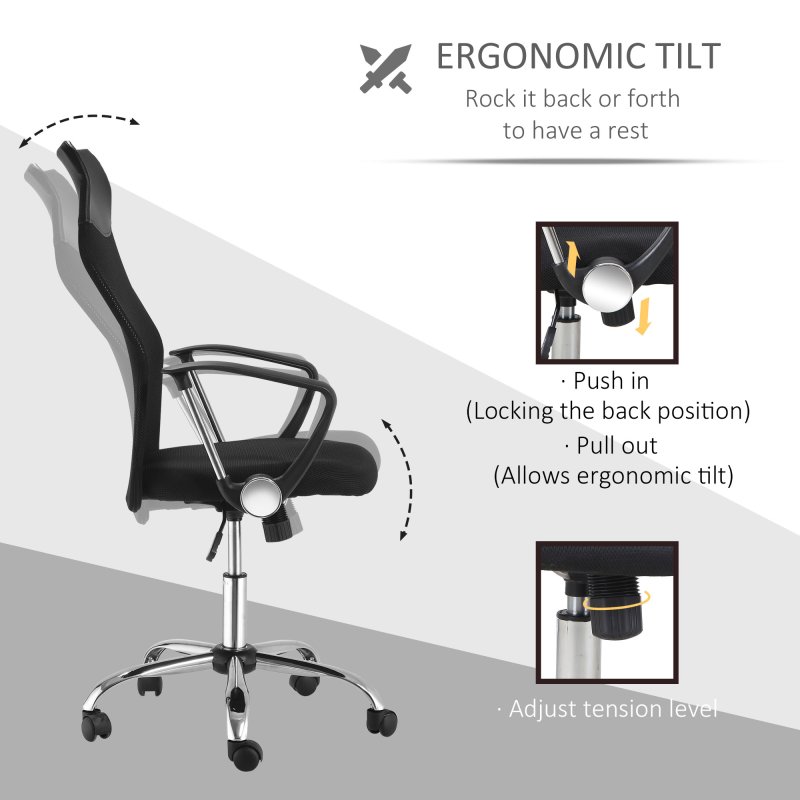 HOMCOM Mesh Office Chair, High Back Computer Desk Chair, Swivel Chair with Height Adjustable, Study Chair for Home Office, Black