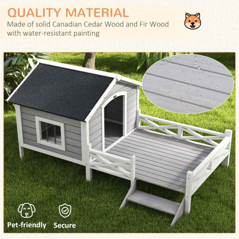 PawHut Outdoor Dog House with Porch, Wooden Dog Kennel with Water-resistant Asphalt Roof, Ladders, Fencing, Window, for Small and Medium Size, Grey