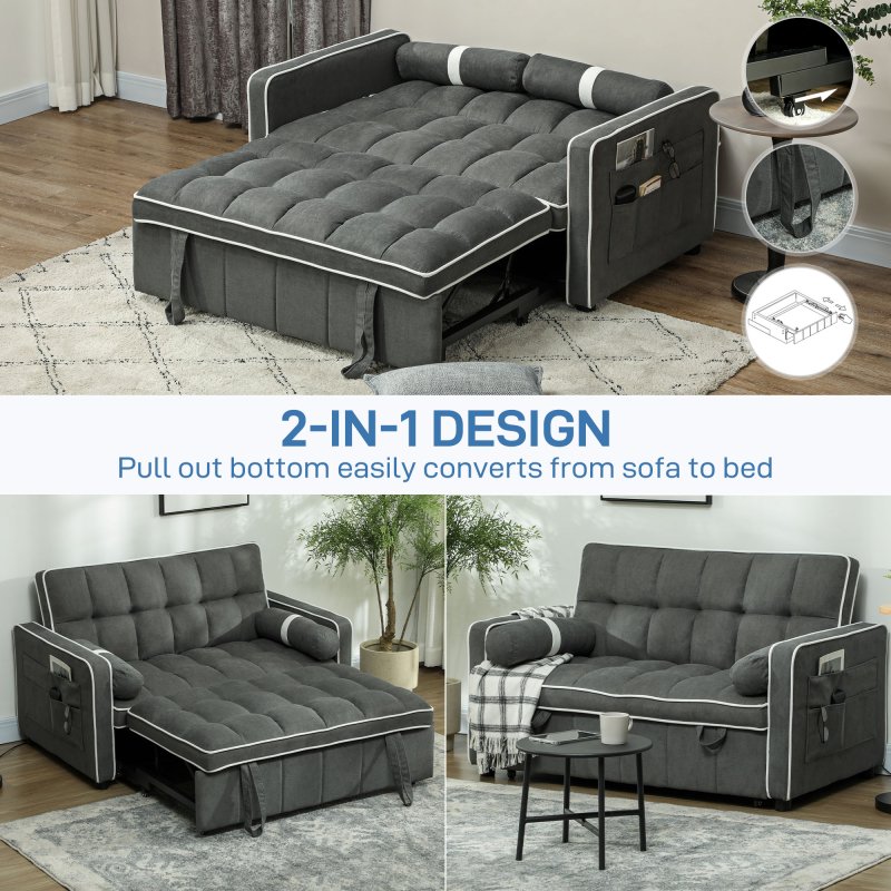 HOMCOM 2 Seater Sofa Bed, Click Clack Pull Out Sofa Bed with Adjustable Backrest and Pillows, 3-in-1 Modern Tufted Settee for Living Room, Bedroom, Guest Room, Charcoal Grey