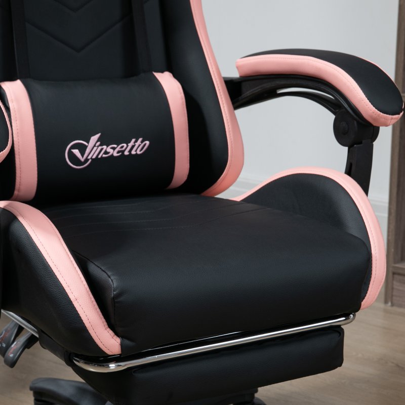Vinsetto Computer Gaming Chair, PU Leather Desk Chair with Footrest, Swivel Task Chair with 135° Reclining Back and Lumbar Support, PC Chair for Adults, Black and Pink