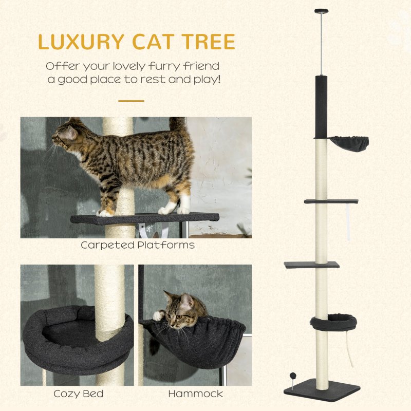 PawHut Floor To Ceiling Cat Tree, 5 Tier Height Adjustable Cat Climbing Tower with Scratching Post, Hammock, Bed for Indoor Cats, 240-270cm, Black