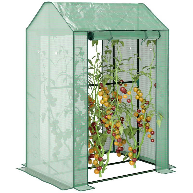 Outsunny Mini Greenhouse, Tomato Greenhouse Green House for Garden with 2 Roll-up Doors, Vent Holes and Reinforced PE Cover, 100 x 80 x 150cm, Green
