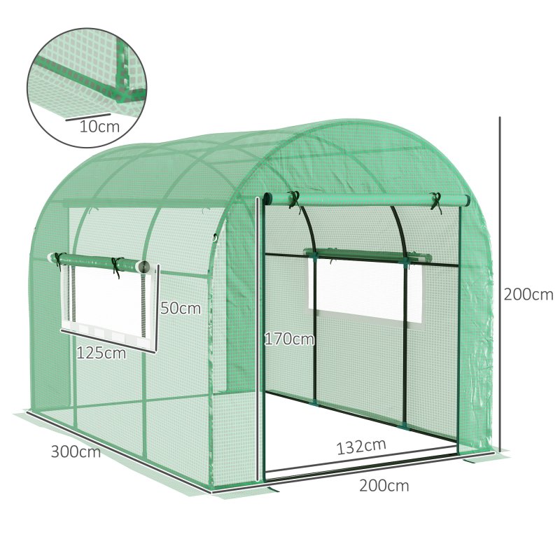 Outsunny 3 x 2 x 2m Polytunnel Greenhouse with Doors and Mesh Windows, Walk-in Grow House Tent with UV-resistant PE Cover and Steel Frame, Green