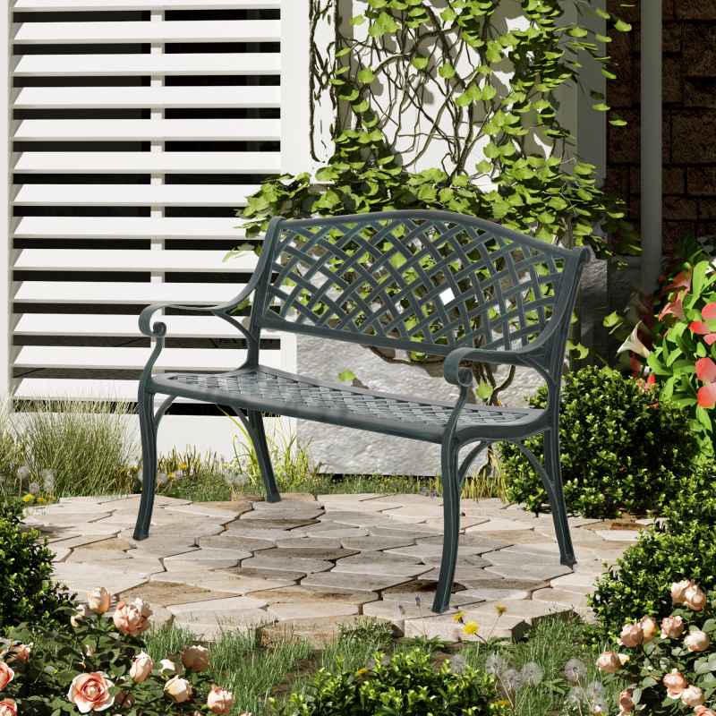 Outsunny Cast Aluminium Outdoor Garden Bench 2 Seater Antique Patio Porch Park Loveseat Chair, Verdigris