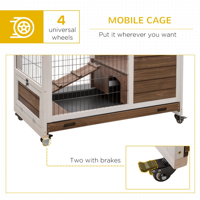PawHut Indoor Rabbit Cages Guinea Pig Hutch, with Openable Roof, Wheels, Indoor Enclosed Run with No-Leak Tray, Brown