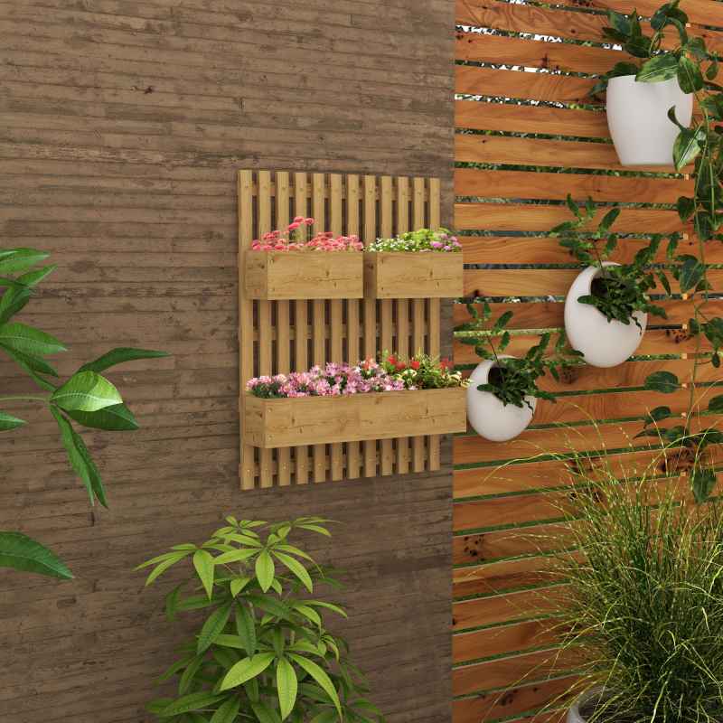 Outsunny Wall-mounted Wooden Garden Planters with Trellis, Drainage Holes and 3 Movable Planter Boxes, Wall Raised Garden Bed for Patio, Carbonised