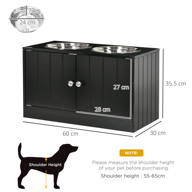 PawHut Raised Dog Bowls for Large Dogs Pet Feeding Station w/ Stand, Storage, Two Stainless Steel Bowls - Black