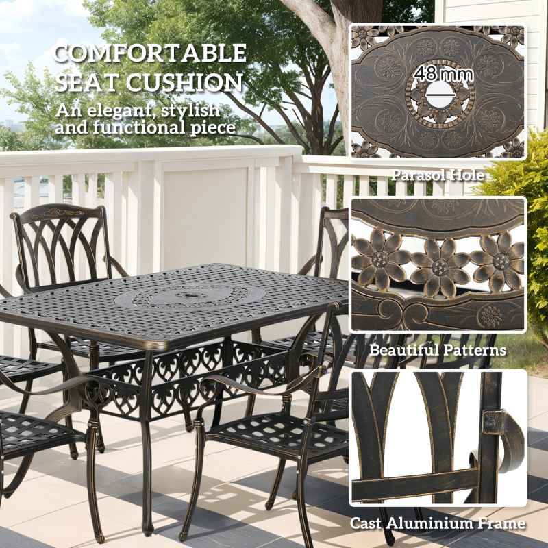 Outsunny 7 Pieces Cast Aluminium Garden Dining Set, 6 Seater Garden Table and Chairs with Parasol Hole, Outdoor Garden Furniture Set with Cushions for Patio, Bronze Tone
