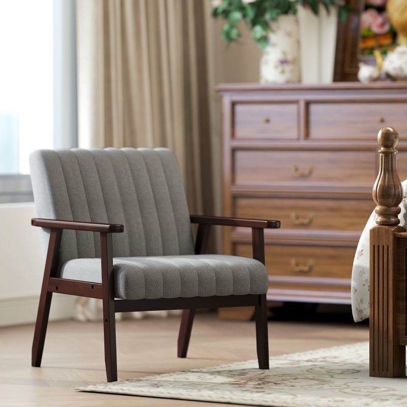 HOMCOM Fabric Accent Chair, Modern Tufted Armchair for Bedroom, Living Room, Upholstered Lounge Chair with Wood Legs, Grey