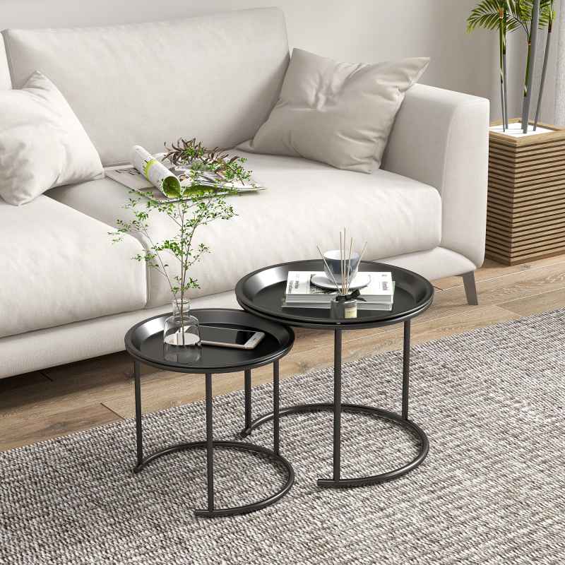 HOMCOM Nesting Tables Set of 2, Side End Table with Removable Tabletop Tray and Steel Frame for Living Room, Bedroom, Black