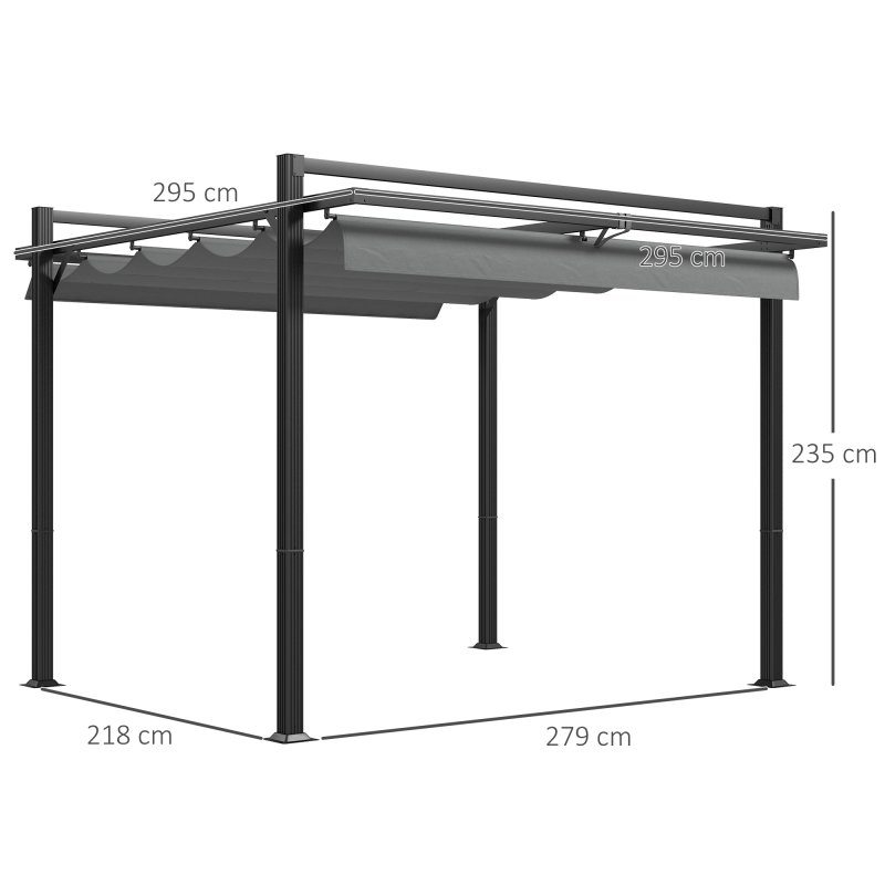 Outsunny 3 x 3(m) Pergola with Retractable Roof Canopy, Aluminium Frame Garden Gazebo Outdoor Sun Shade Shelter for Grill, Patio, Deck, Dark Grey
