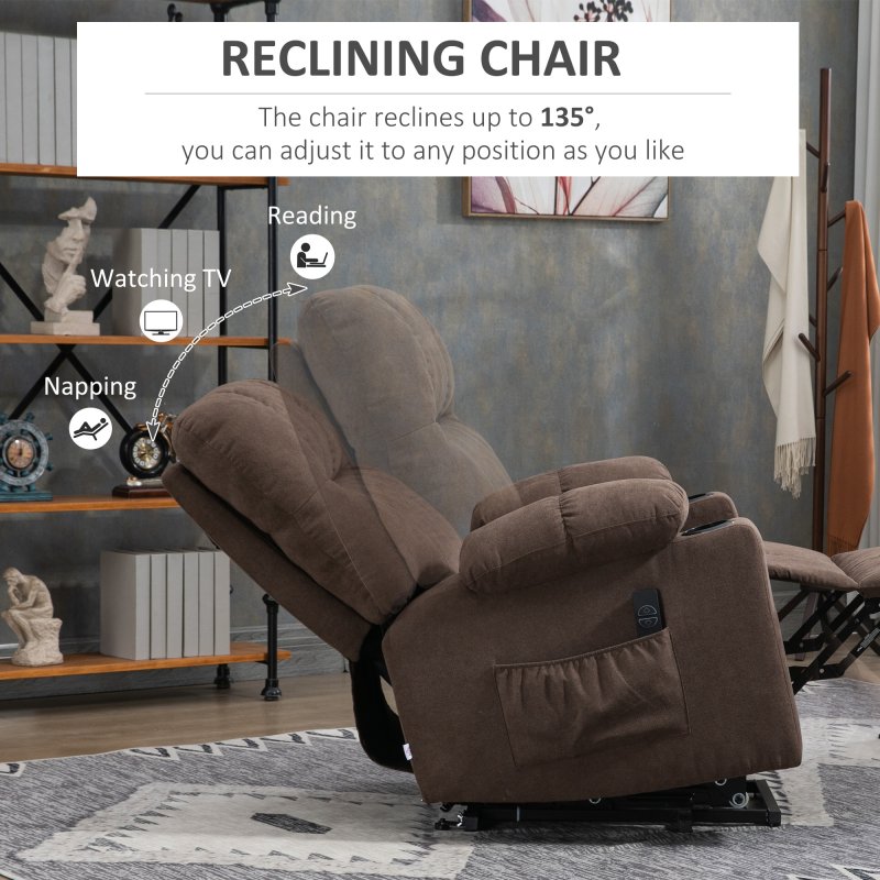 HOMCOM Power Lift Chair Recliner for Elderly, Velvet-touch Fabric Electric Riser and Recliner Chair for Living Room with Remote Control, Side Pockets, Cup Holders, Dark Brown