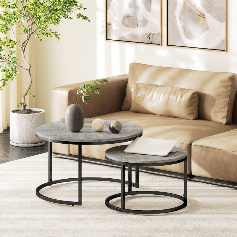 HOMCOM Round Nesting Coffee Table Set of 2, Large Stacking End Side Table with Steel Frame for Living Room, Bedroom, Home Office, 78.5 x 78.5 x 46.5 cm, Cement Grey