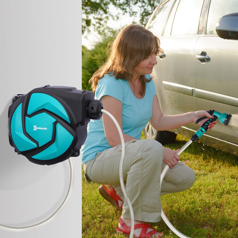DURHAND 10m Garden Hose Reel Wall Mounted Auto Rewind with 7 Patterns Spray Nozzle, Includes Wall Fixings
