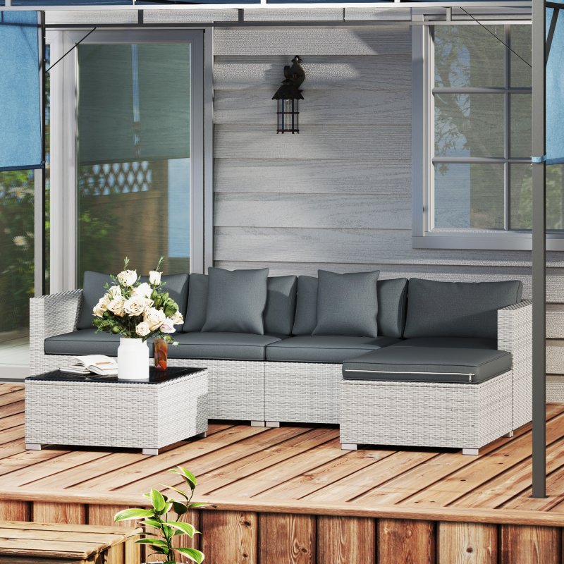 Outsunny 6 Pieces Rattan Garden Furniture Set, 5 Seater Sectional Garden Corner Sofa Set with Glass Top Coffee Table, Cushions and Pillows, All-Weather Wicker Conversation Furniture, Mixed Grey
