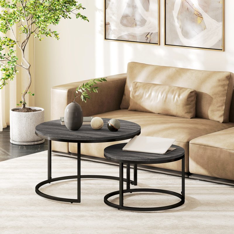 HOMCOM Round Nesting Coffee Table Set of 2, Large Stacking End Side Table with Steel Frame for Living Room, Bedroom, Home Office, 78.5 x 78.5 x 46.5 cm, Black