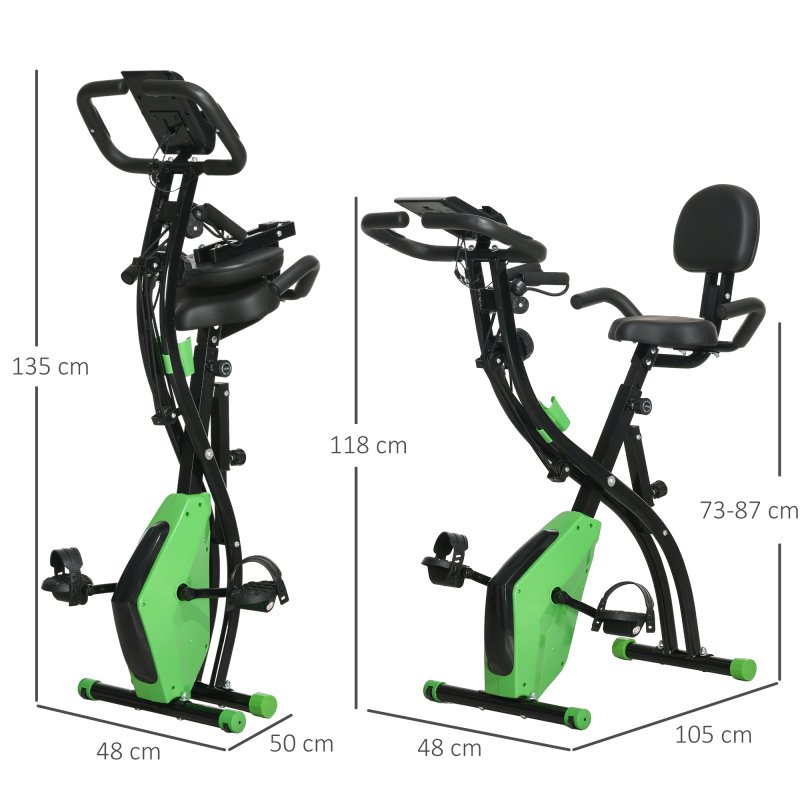 HOMCOM 2-in-1 Folding Exercise Bike, Foldable Stationary Bike with 8-Level Adjustable Magnetic Resistance, Arm Resistance Band, Pulse Sensor and LCD Monitor, Green