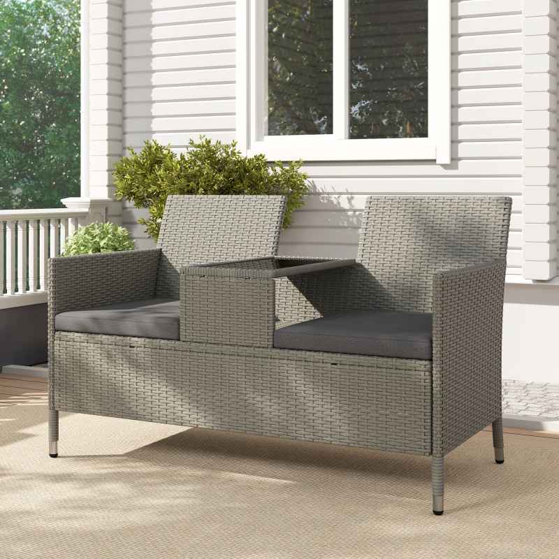 Outsunny 2 Seater Rattan Sofa with Cushions, Wicker Garden Loveseat with Armrests, Outdoor Garden Sofa Couch with Metal Frame for Patio, Grey