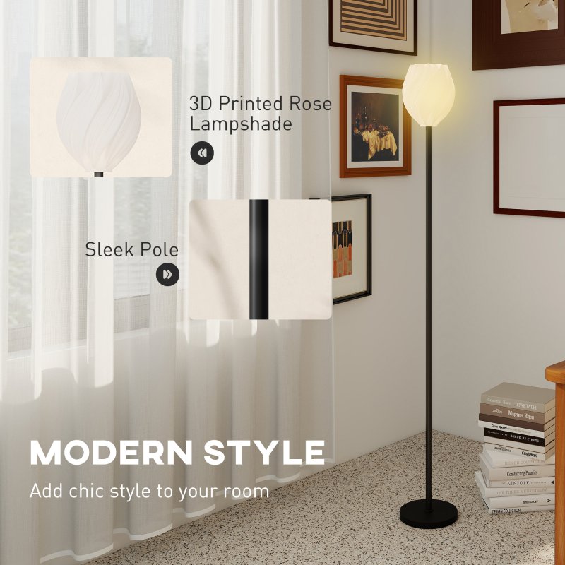 HOMCOM Flower Floor Lamp for Living Room, 3D Printed Modern Standing Lamp with Rose Shade & Foot Switch, Minimalist Tall Pole Lampshade for Bedroom, Office, E27 Holder without Bulb (25W Max), White