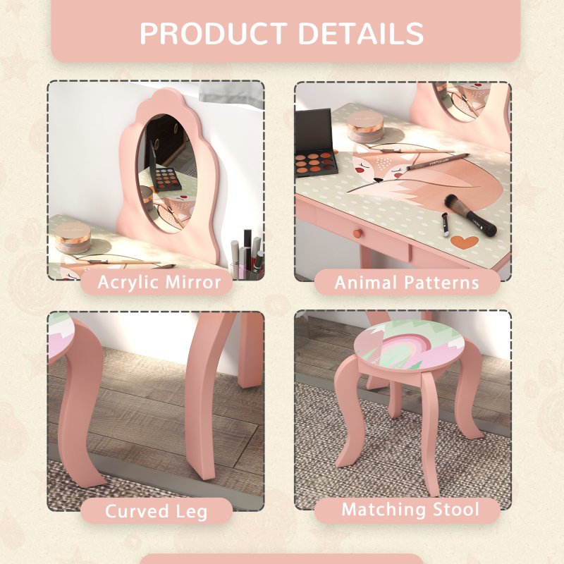 ZONEKIZ Kids Dressing Table, Girls Vanity Table Cute Animal Design with Mirror, Stool, Desk, Drawer for Kids Room, Bedroom, Nursery, 3-6 Years Old, Pink