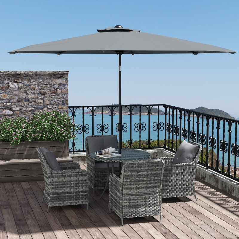 Outsunny 4 Seater Rattan Dining Set with Parasol, Luxury Rattan Garden Furniture Set with Seat and Back Cushions, Outdoor Table and Chairs, Round Glass Top Table