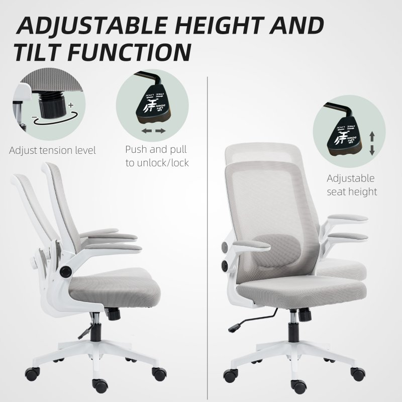 HOMCOM Executive Office Chair, Ergonomic Mesh High Back Desk Chair with Flip-up Armrest, Adjustable Lumbar Support, Grey