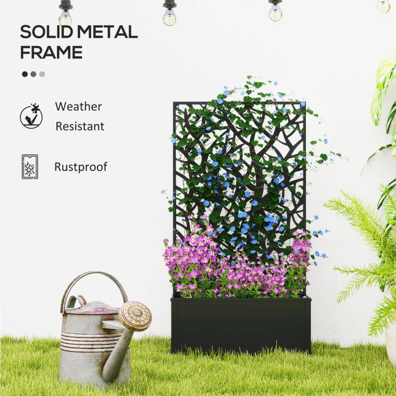 Outsunny Metal Garden Bed with Trellis, Wall Mounted or Freestanding Raised Planter with Privacy Panel, Two Big Trees Cut-out Privacy Screen with Planter Box for Climbing Plants, Flowers, Vegetables