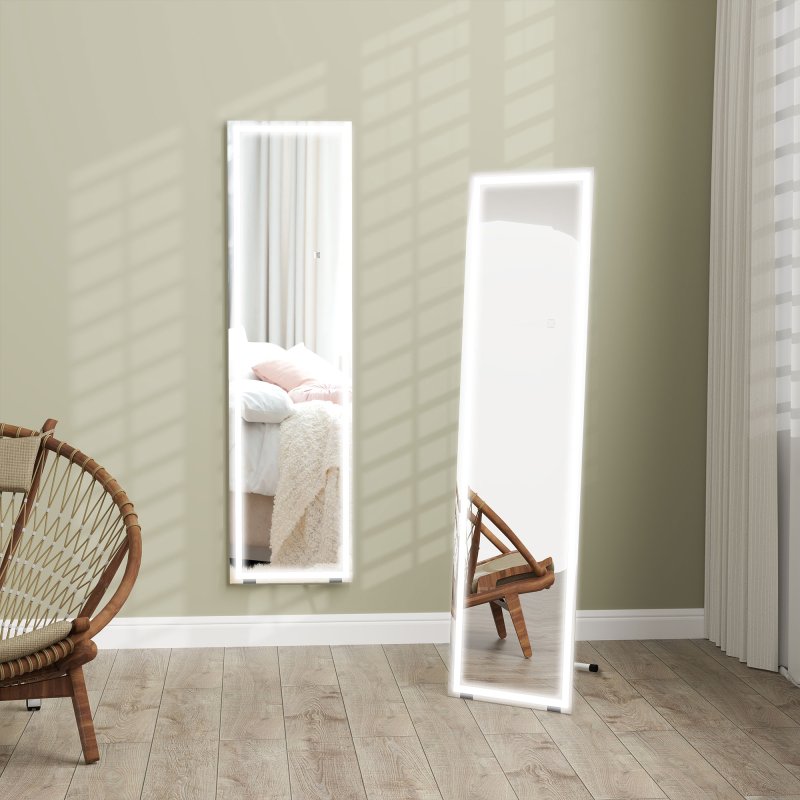 HOMCOM Full Length Mirror with LED Lights, 150x40cm Floor Mirror, Free Standing, Wall Mounted or Leaning, Full Size Body Mirror with Dimmable and 3 Colour Lighting for Bedroom, 32W, White
