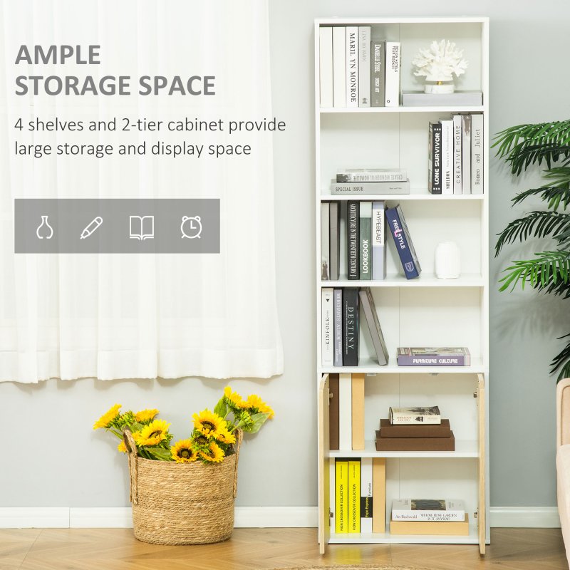 HOMCOM 6-Tier Tall Bookcase, Bookshelf with 4 Open Shelves and Double Door Storage Cabinet, Freestanding Display Rack for Living Room, Bedroom, Home Office, Study, 59 x 29 x 180cm