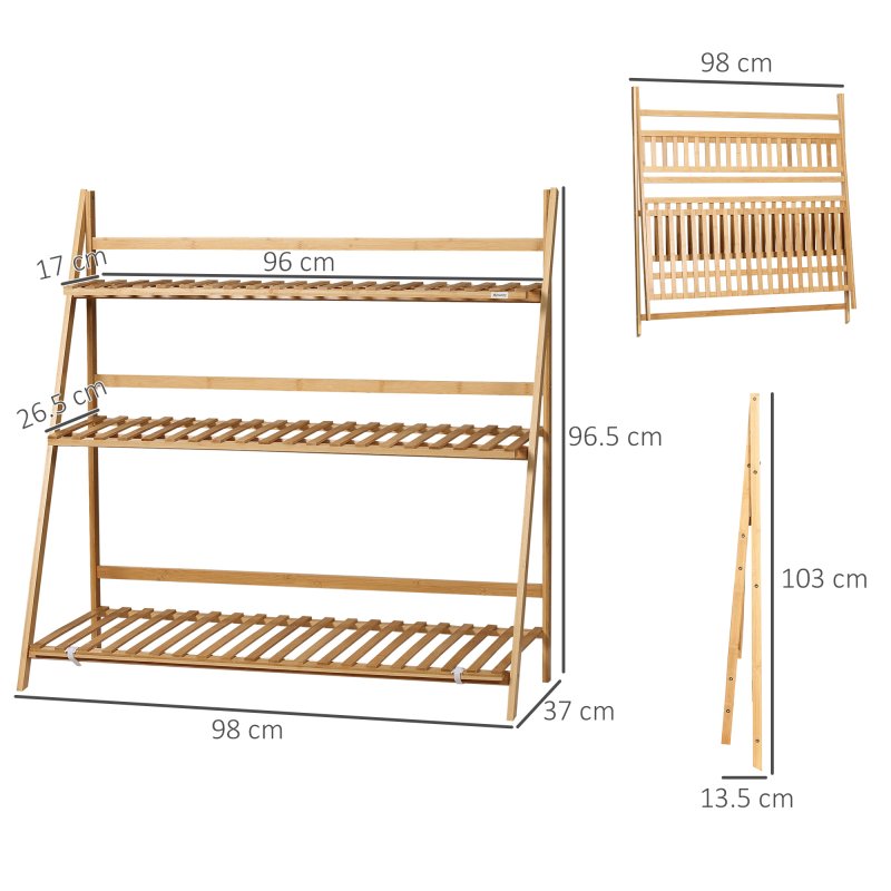 Outsunny 3-Tier Bamboo Plant Stand, Folding Plant Rack, Display Plant Shelf for Indoor & Outdoor Use, 98 x 37 x 96.5cm, Natural