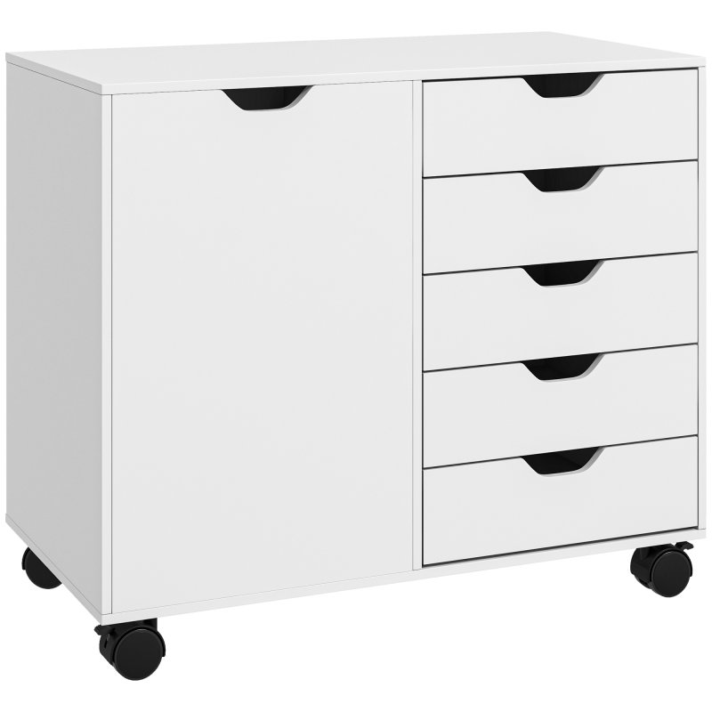 HOMCOM Lateral Office Storage Cabinet on Wheels, 5-Drawers Cabinet with Door and Adjustable Shelf for Home Office, White
