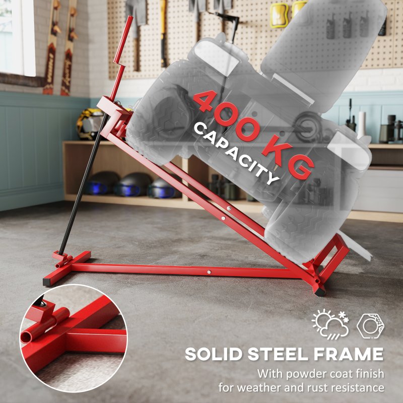 HOMCOM Folding Ride On Lawn Mower Jack Lift, 400 kg Adjustable Steel Lifting Device, Telescopic Maintenance Jack Lifter for Lawnmowers, ATVs, Red