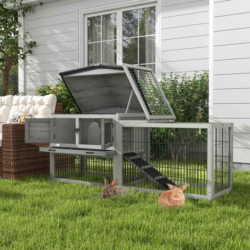 PawHut Rabbit Hutch Outdoor, Wooden Guinea Pig Hutch with Run, Openable Roof, Pull-Out Tray, Ramp for 1-2 Rabbits, 150 x 52.5 x 68 cm, Grey