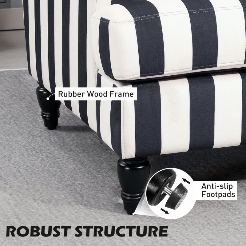 HOMCOM Modern Cuddle Chair, Velvet Single Sofa Armchair with Stripe, Turned Legs and Wide Seat, Upholstered Snuggle Chair for Living Room, Bedroom, Black and White