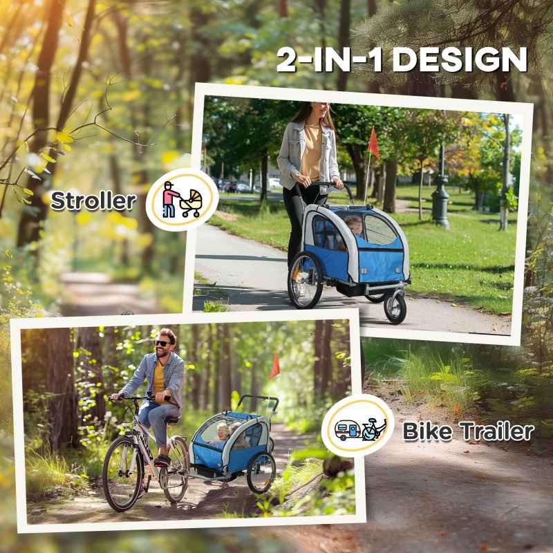 HOMCOM 2 Seat Bike Trailer for Kids, Baby Bike Stroller with 5 Point Harness, Child Bicycle Trailer with Safety Flag, Reflectors, Windproof Curtain, for 18+ Months, Blue